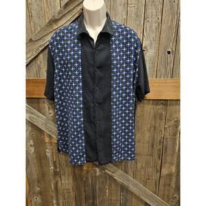 Axist washable silk size XXL mens geometric color block short sleeve black blue*